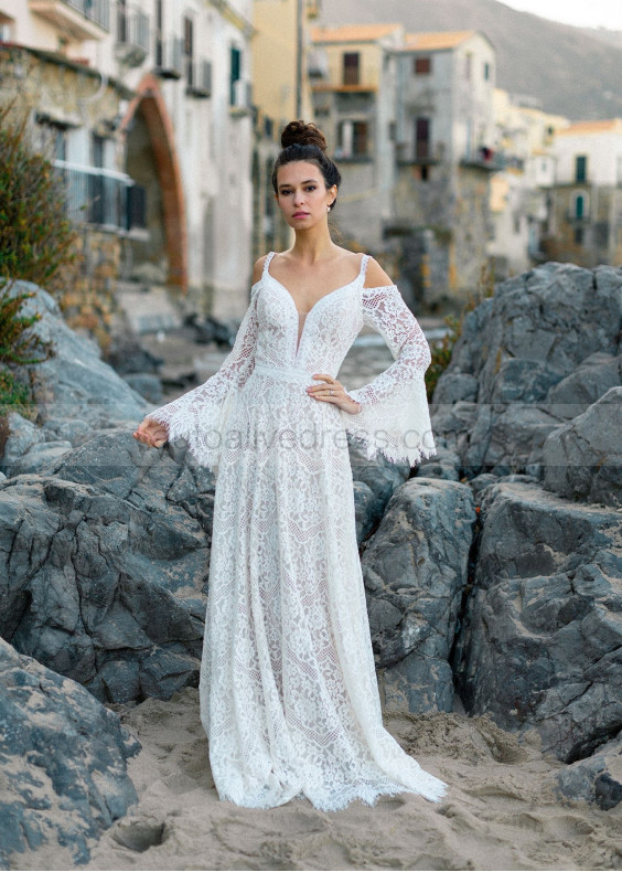 Cold Shoulder Ivory Lace Tie Back Wedding Dress